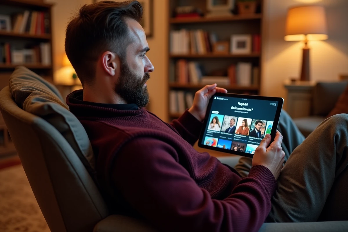Un homme consulte une plateforme de streaming francophone sur sa tablette dans un salon chaleureux, illustrant l'accès à la culture en ligne.