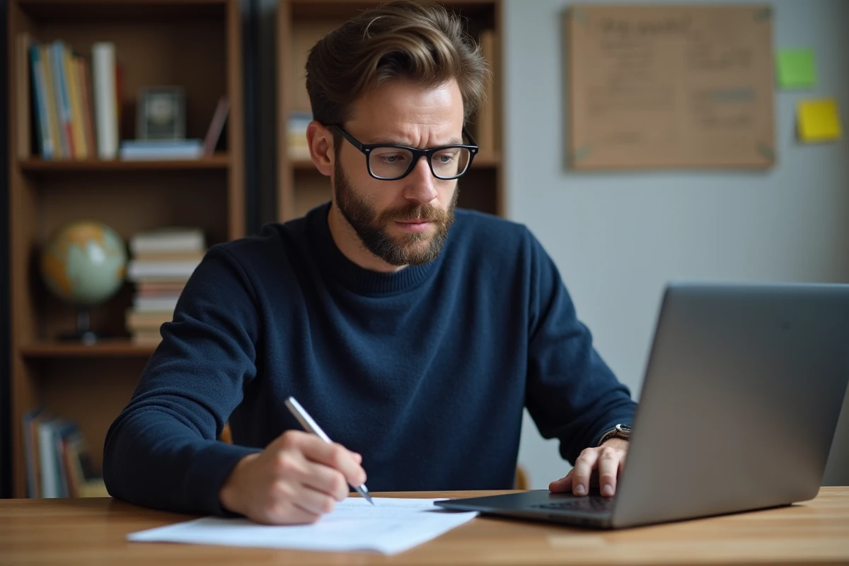 Un homme consultant des résultats de recherche sur un ordinateur portable tout en analysant un article imprimé d'un regard critique.