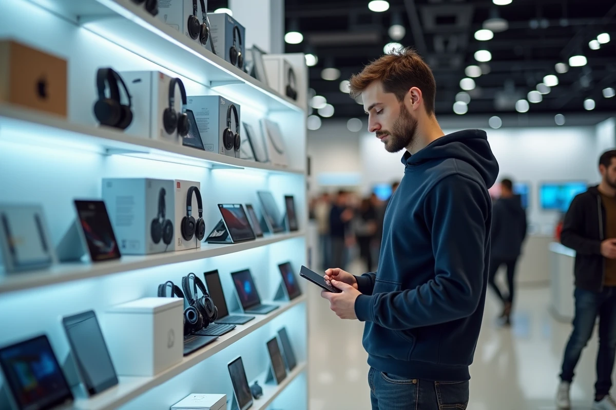 Homme tenant une carte bancaire devant un rayon high-tech dans un magasin d'électronique