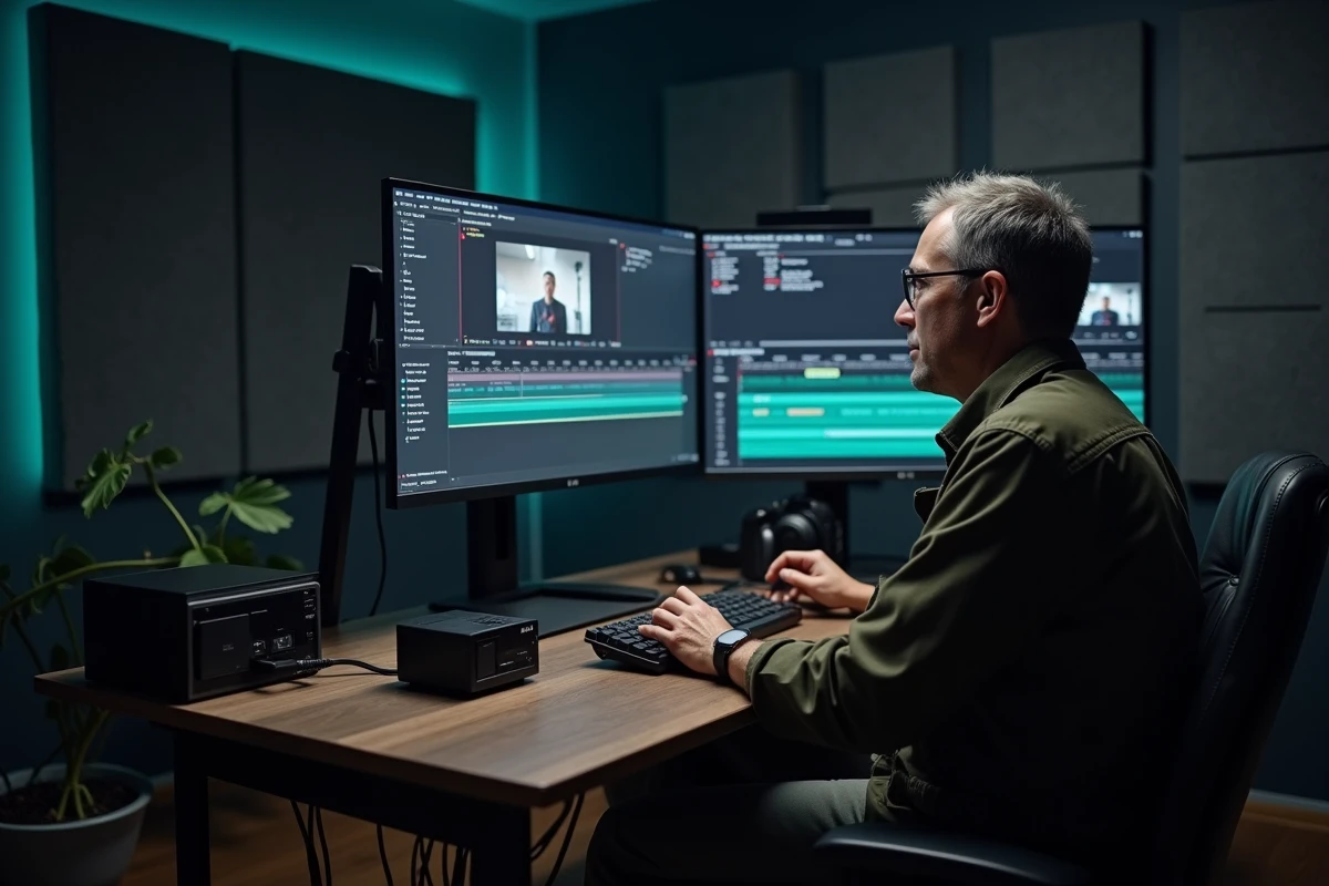 Monteur vidéo utilisant Adobe Premiere Pro pour traduire et éditer des légendes automatiques dans un studio de post-production