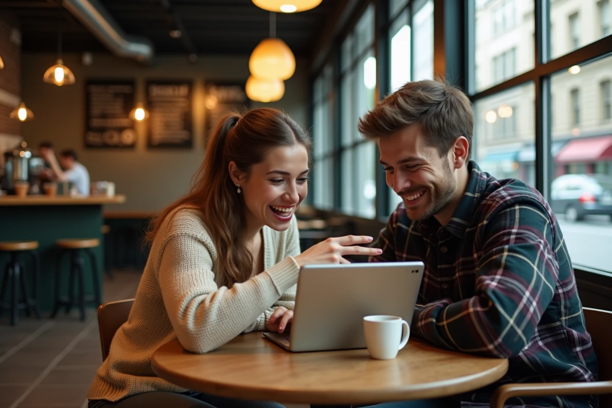 Deux amis passionnés du web découvrant ensemble les rubriques d'un blog geek sur une tablette dans un café urbain