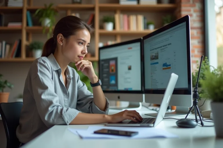 Une femme assise à son bureau connecté, entourée d'écrans et d'appareils numériques, symbolisant les avantages d'Internet au quotidien.