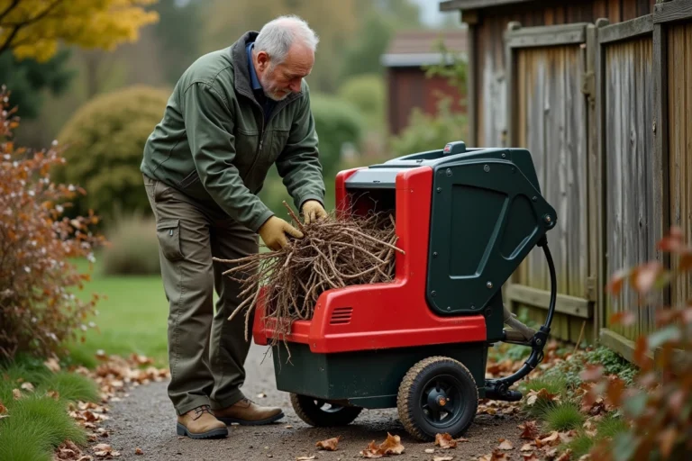 Homme utilisant un broyeur de végétaux électrique 3000W dans un jardin en automne