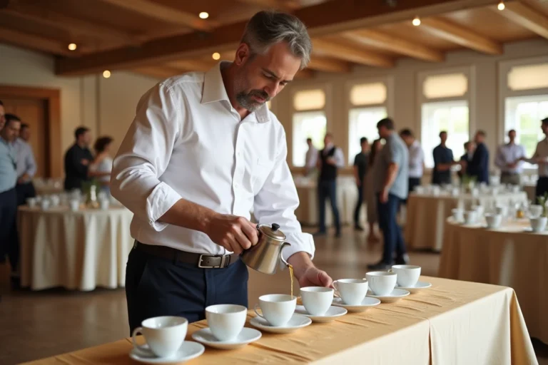 Homme versant du cafe dans des tasses blanches lors d'un evenement