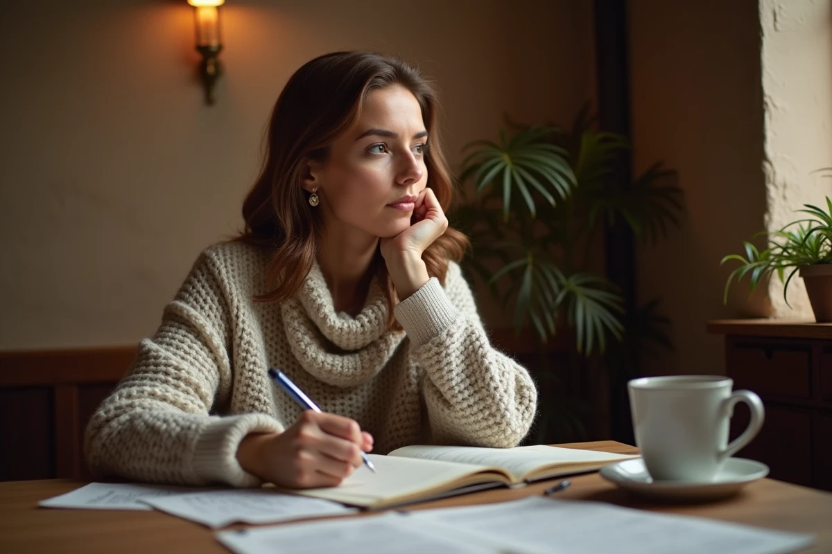 Une femme écrivant dans un carnet papier dans un café calme, loin des écrans, pour réduire la fatigue cognitive numérique