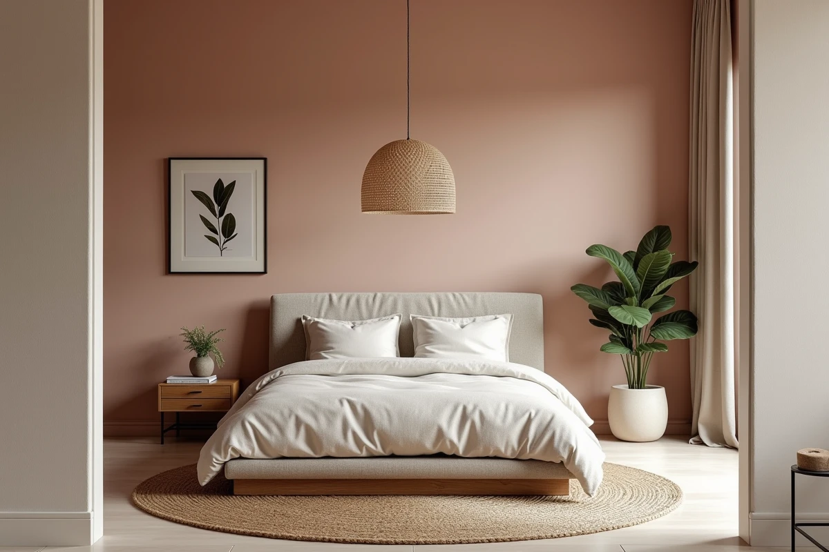 Chambre contemporaine avec lit plateforme en lin, mur en stuc rose poudré et décoration naturelle biophilique, tendances aménagement intérieur