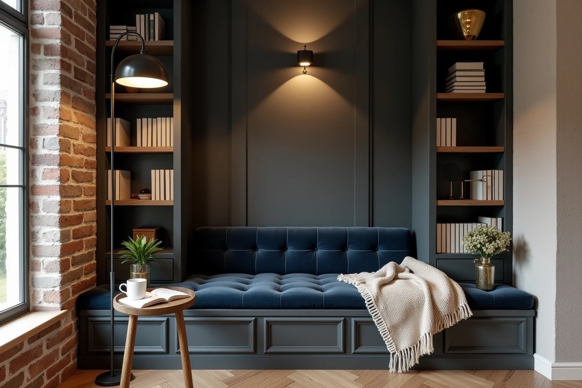 Coin lecture confortable avec bibliothèque intégrée, coussin en velours marine et mur en brique blanchie, idées déco maison tendance