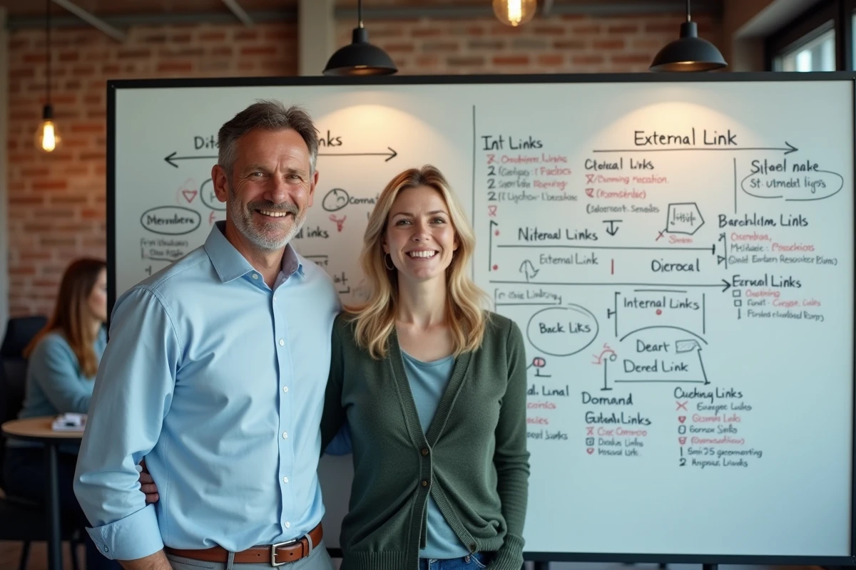 Deux collègues analysant un schéma de liens internes et backlinks sur un tableau blanc dans un espace de coworking