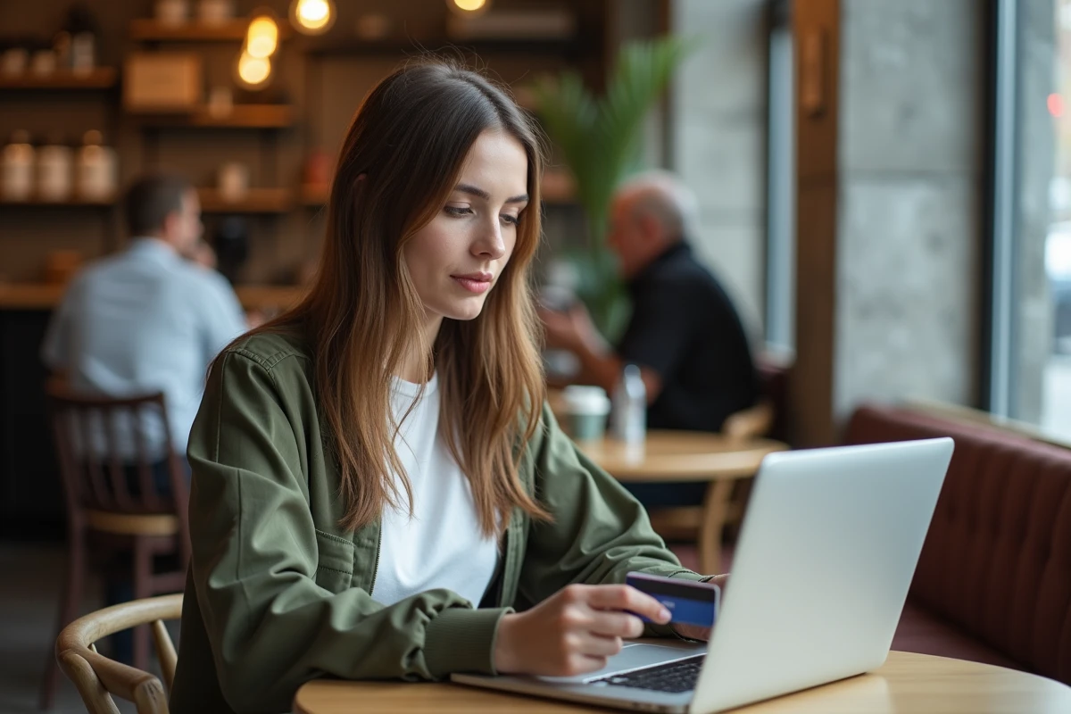 Une femme compare des prix et des produits en ligne sur son ordinateur portable dans un café, illustrant le commerce en ligne moderne.