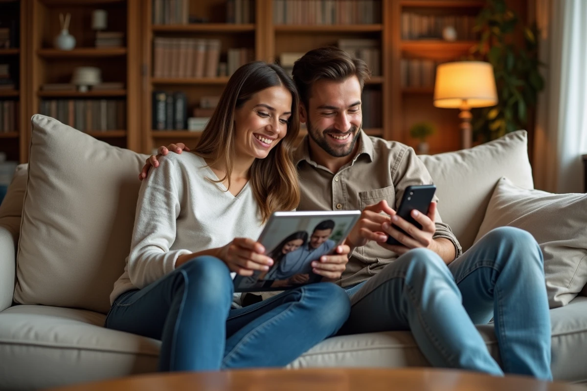 Un couple souriant utilise une tablette pour passer un appel vidéo en temps réel avec des proches, illustrant la communication numérique instantanée.