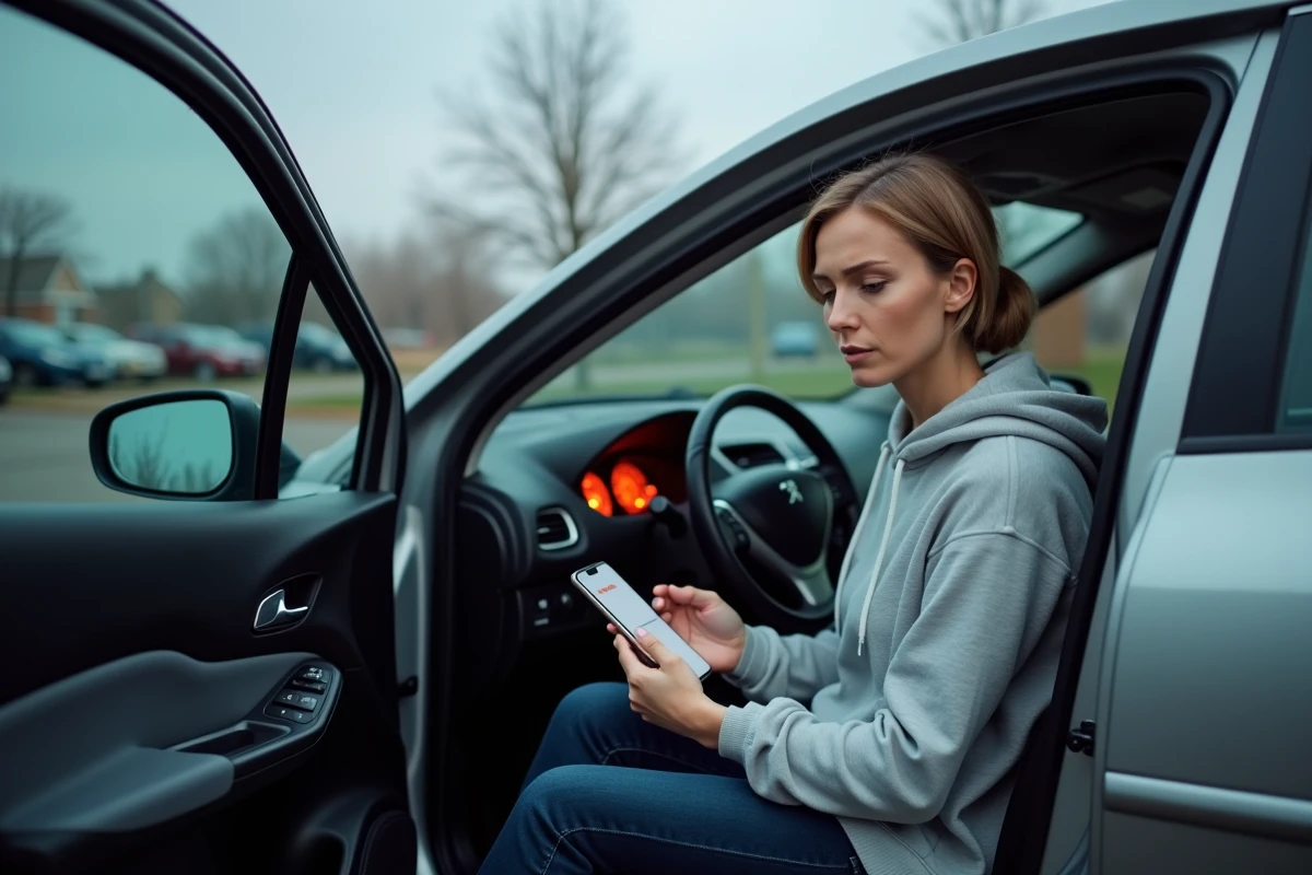 Femme inquiète dans une Peugeot 207 consultant son téléphone après l'apparition du voyant triangle orange