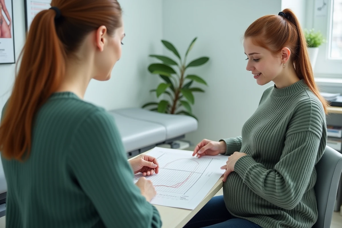 Femme enceinte en consultation avec sa gynécologue, analysant ensemble la courbe de poids idéal sur un graphique de suivi prénatal