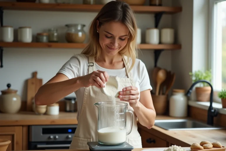 Femme versant de la farine d'une balance de cuisine dans un verre doseur pour convertir les grammes en litres