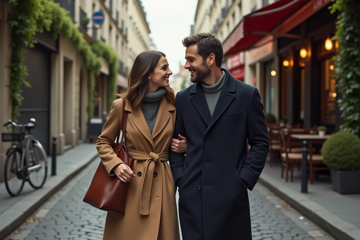Couple complice se promenant et discutant dans une rue pavée de Paris en automne