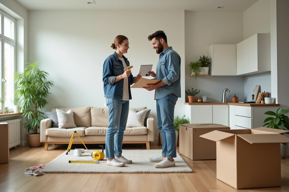 Jeune couple discutant de peinture dans un salon en renovation