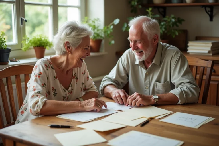 Couple de seniors riant ensemble en écrivant des invitations pour leurs 40 ans de mariage à une table en bois