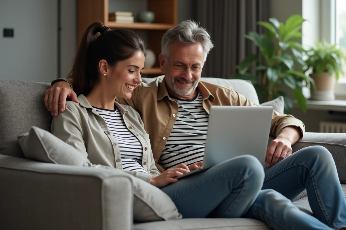 Couple consultant un simulateur de paiement en 10 fois sur un ordinateur portable dans un salon