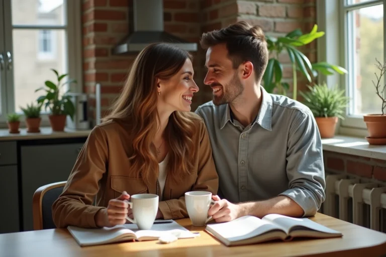 Couple complice partageant un moment professionnel et amoureux dans un appartement parisien moderne