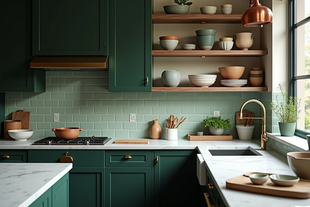 Cuisine moderne avec armoires vert forêt, plan de travail en marbre de Carrare et accessoires en laiton, tendances déco intérieure