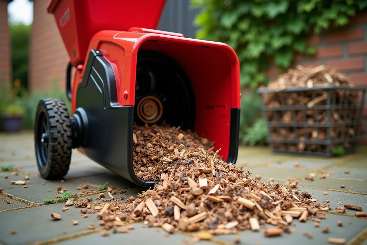Gros plan sur le mécanisme de coupe et les copeaux de bois d'un broyeur de végétaux 3000W