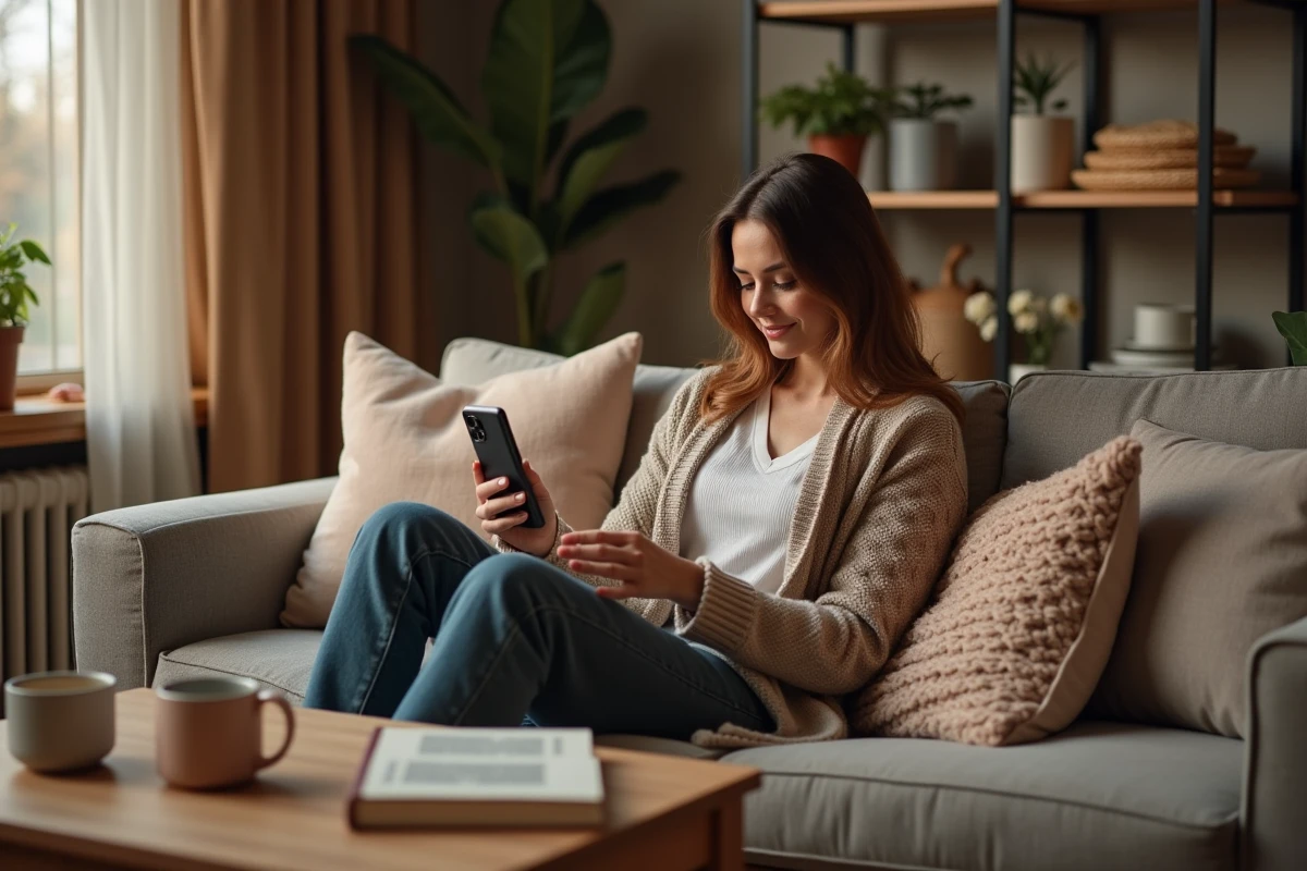 Une femme posant son téléphone retourné sur une table basse chez elle pour respecter son droit à la déconnexion après le travail