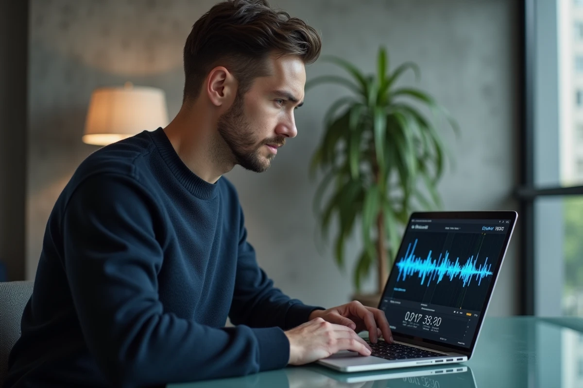 Homme utilisant ElevenLabs Translate Audio sur un ordinateur portable pour traduire un fichier audio en ligne