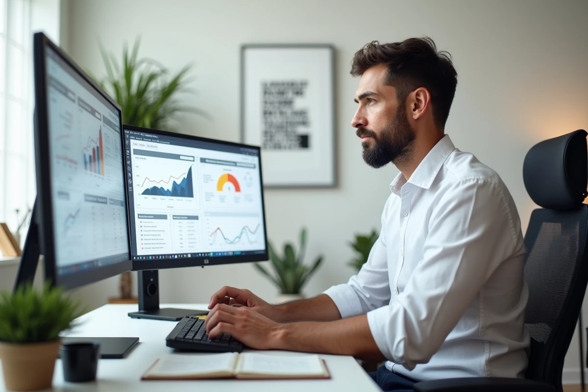 Entrepreneur concentré travaillant sur des outils numériques de gestion et de développement d'entreprise dans un bureau minimaliste