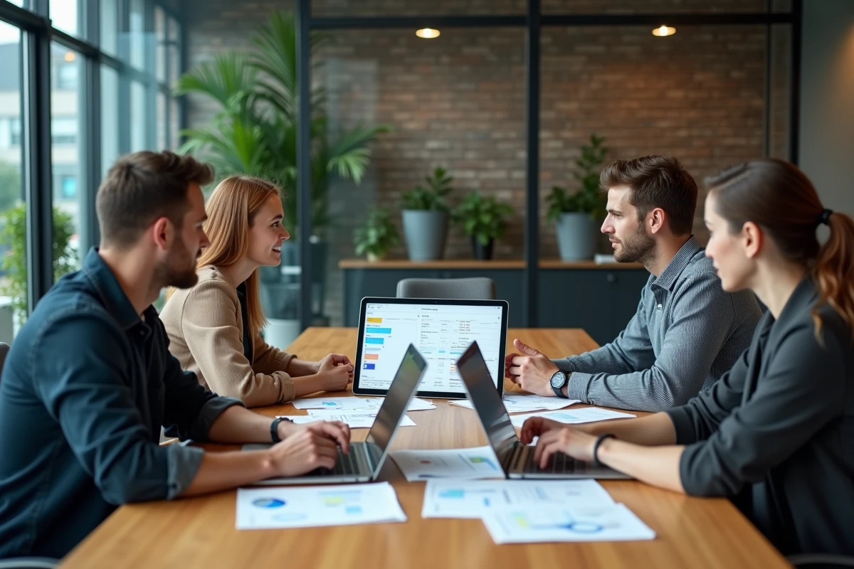 Équipe diversifiée collaborant autour d'une table de réunion avec des outils numériques pour développer une stratégie d'entreprise innovante