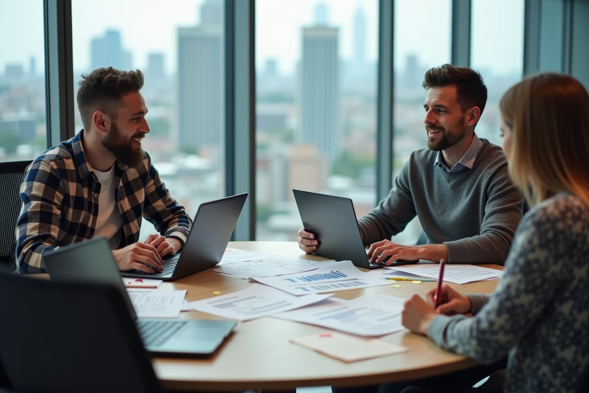 Une équipe diversifiée de professionnels discute des stratégies de communication autour d'une table de réunion avec des documents et des ordinateurs portables