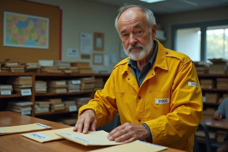 Facteur triant des enveloppes avec des codes postaux de Toulouse dans un bureau de poste, illustration des codes postaux 31000