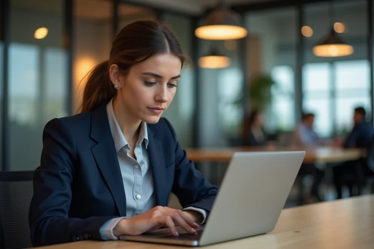 Femme professionnelle consultant les actualités du jour sur un ordinateur portable dans un bureau moderne