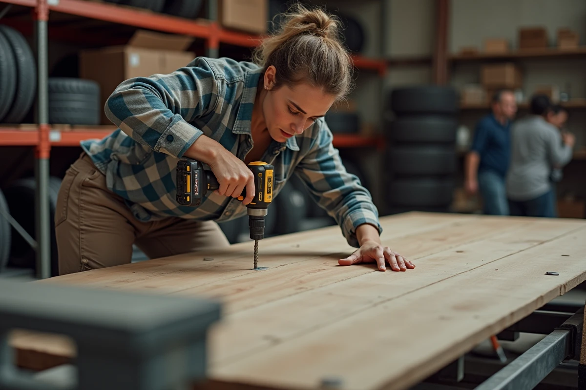 Femme fixant une planche de bois sur une remorque de bateau