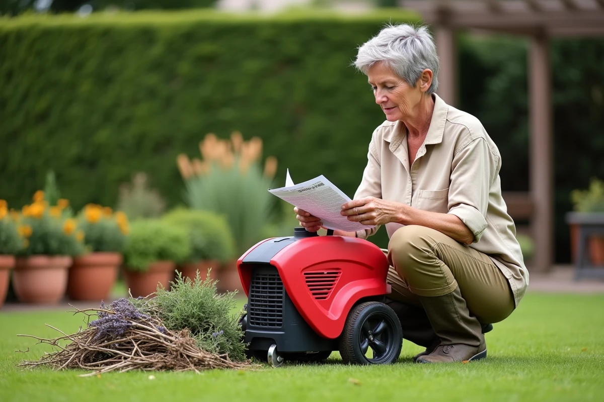 Femme consultant le manuel d'un broyeur de végétaux électrique dans un jardin soigné