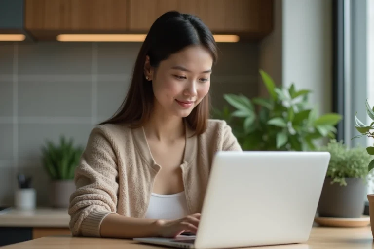 Femme réfléchie utilisant un ordinateur portable dans une cuisine moderne