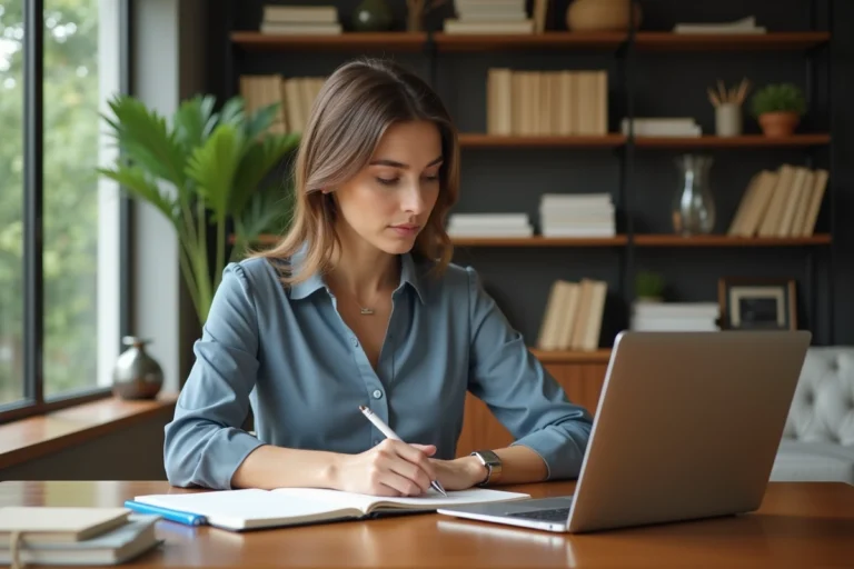 Femme d'âge moyen dans un bureau moderne en blouse élégante