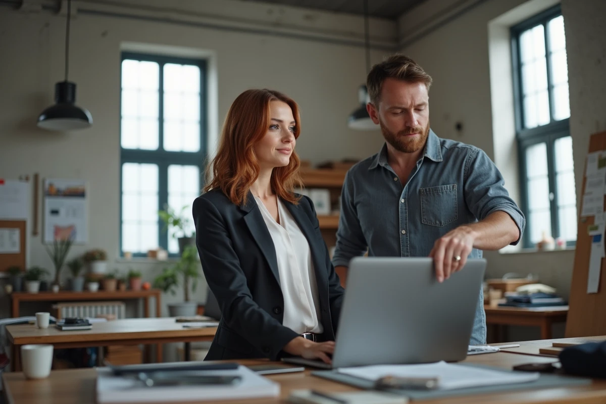 Femme professionnelle soutenue par son partenaire dans un studio créatif industriel