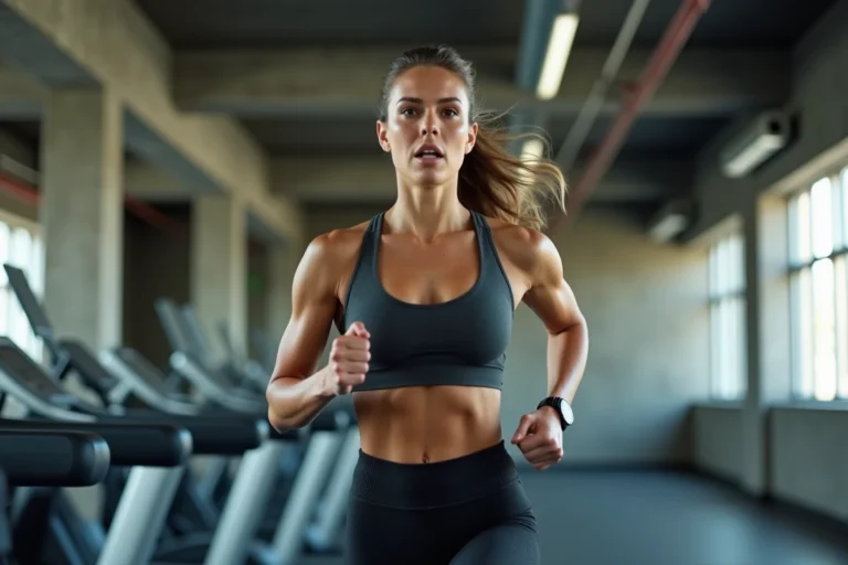 Femme sportive courant sur un tapis roulant en salle de sport pour brûler des calories rapidement