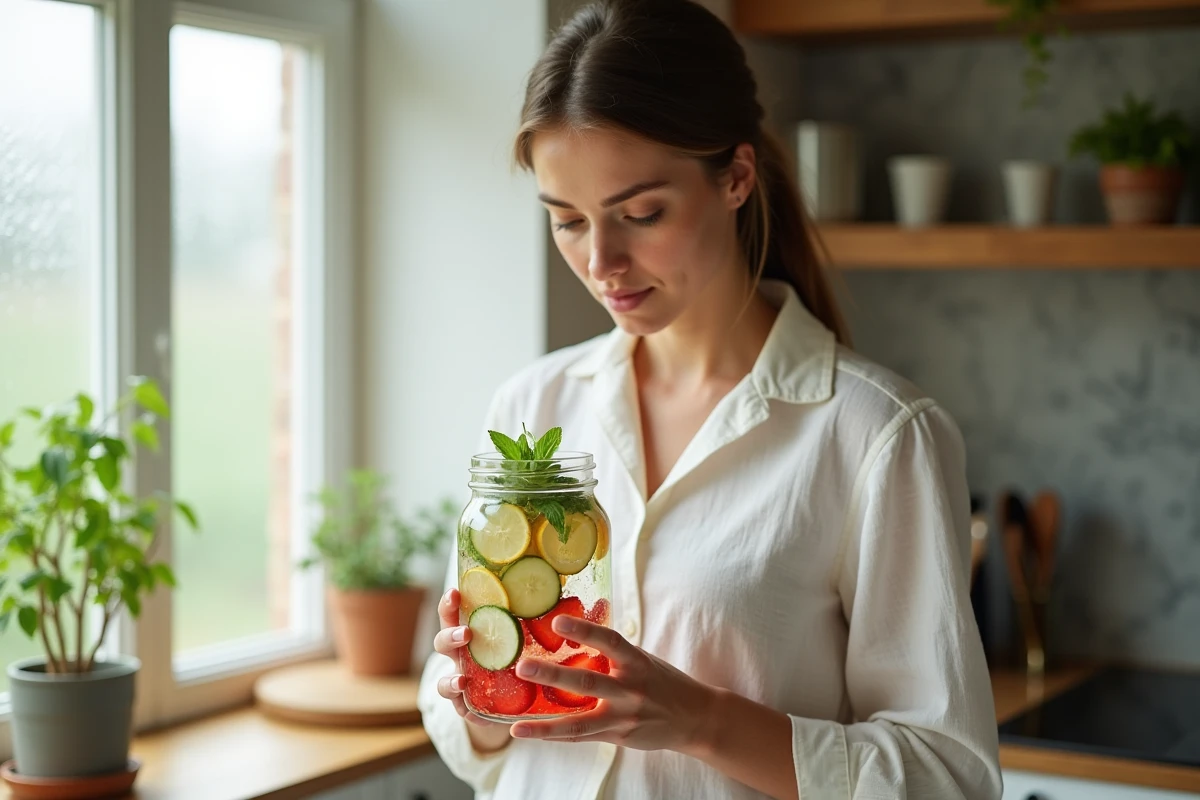 Jeune femme tenant un bocal en verre d'eau detox aux fruits frais, concombre et basilic dans une cuisine naturelle