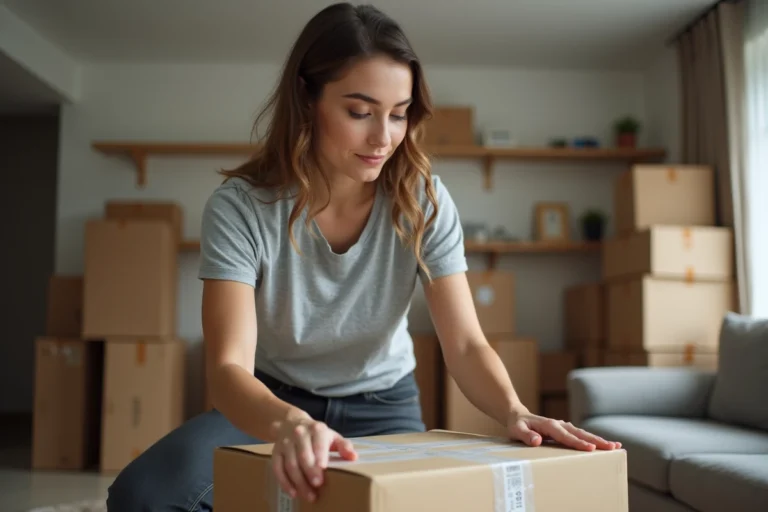 Femme emballant efficacement des cartons lors d'un déménagement rapide dans un appartement en cours de vidage
