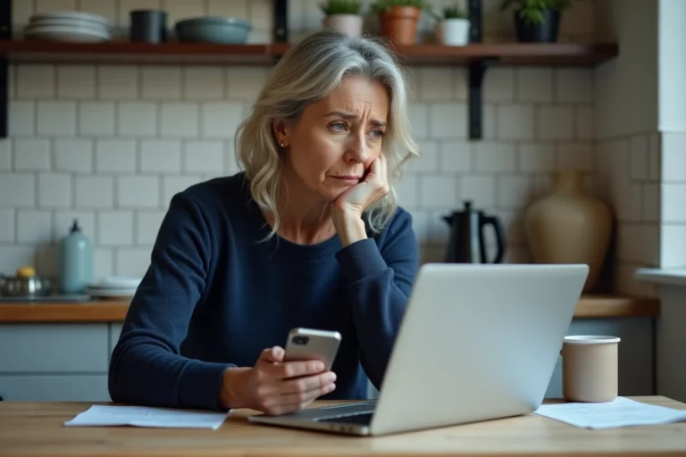 Femme inquiète devant son ordinateur portable cherchant des solutions après un oubli d'actualisation France Travail
