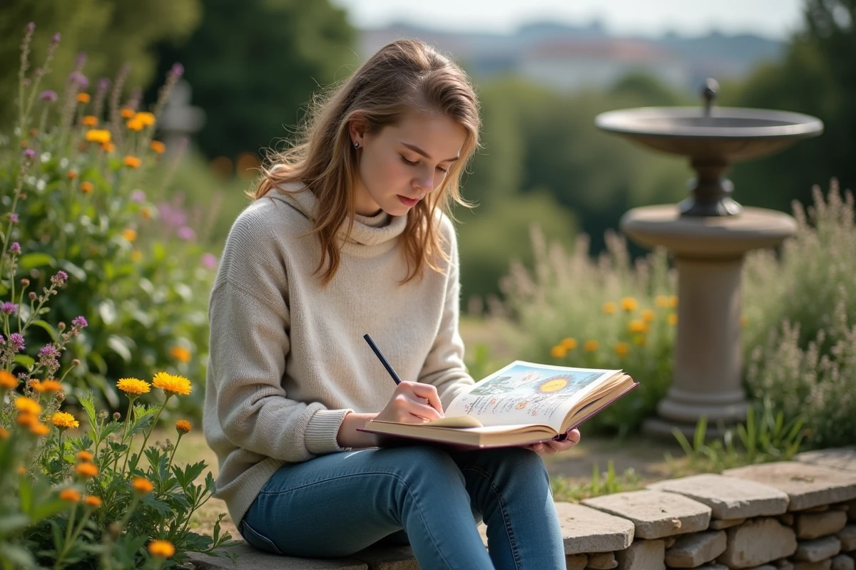 Jeune femme lisant un livre sur le soleil dans un jardin botanique
