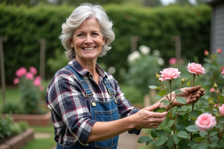 Femme en overalls prunant des rosiers dans son jardin