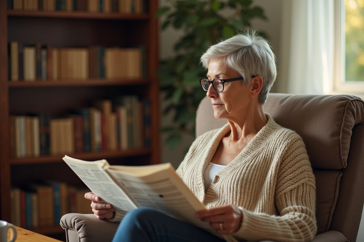 Femme âgée lisant le journal papier dans un salon chaleureux et confortable