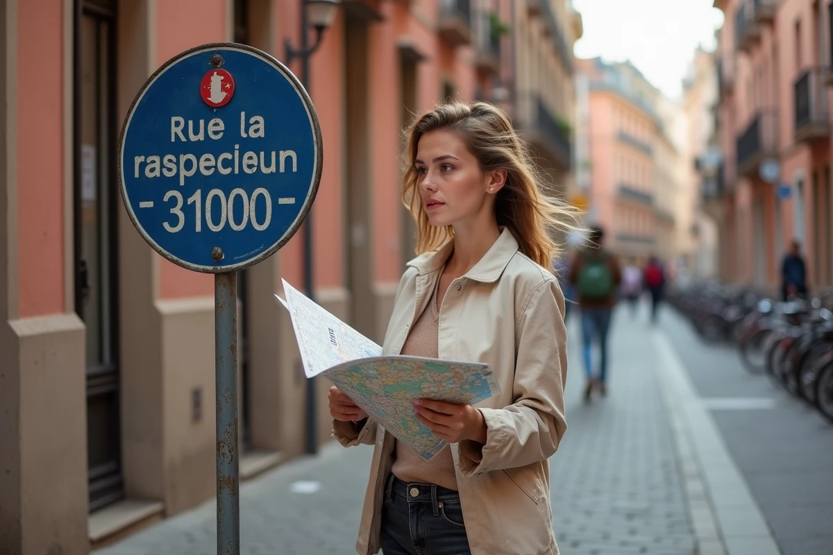 Femme consultant une carte postale devant un panneau de rue de Toulouse indiquant le code postal 31000