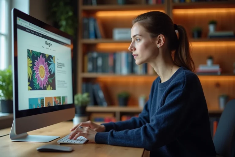Femme passionnée du web consultant les rubriques d'un blog geek sur son écran d'ordinateur dans un bureau moderne