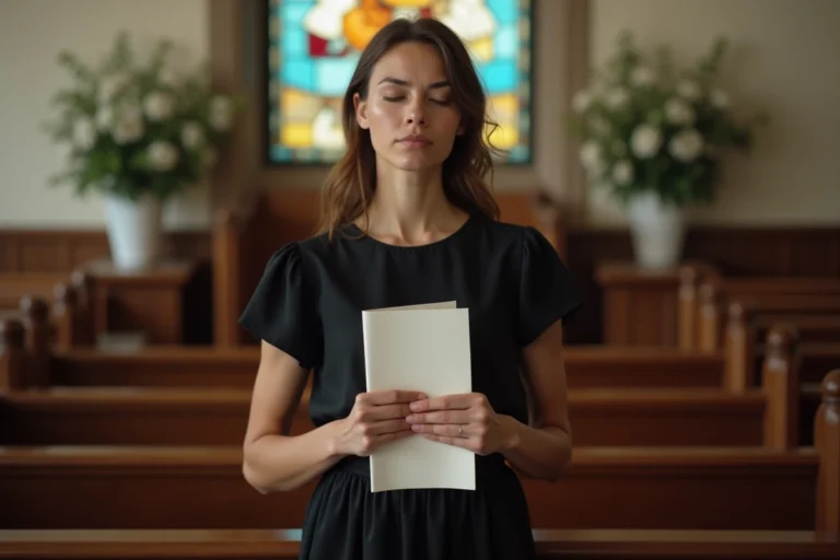 Femme en prière dans une chapelle avec poème à la main