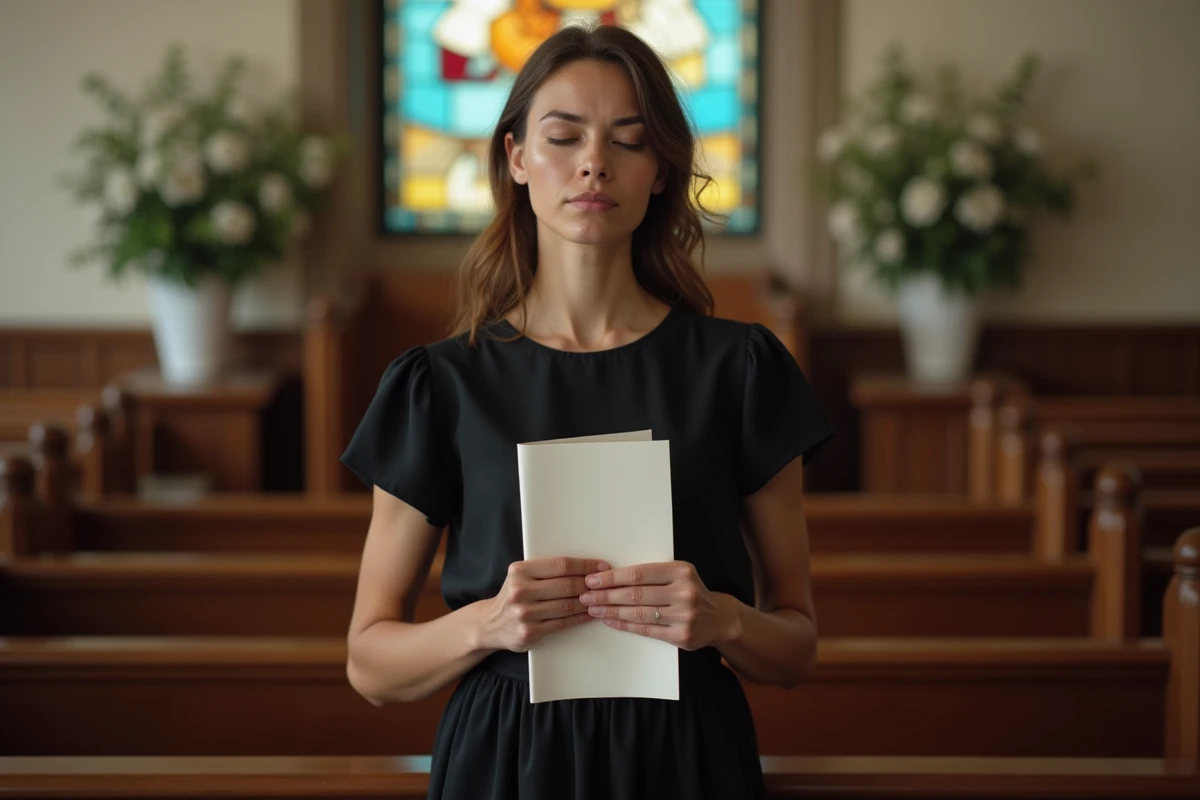 Femme en prière dans une chapelle avec poème à la main