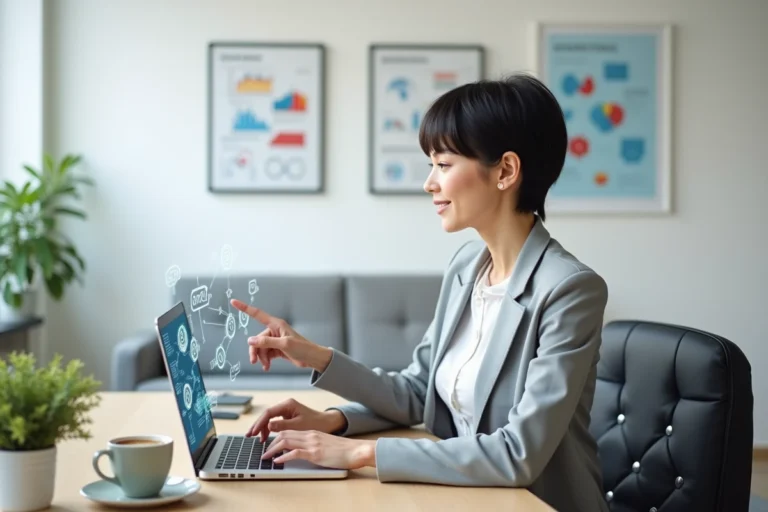 Femme professionnelle expliquant la structure des liens et backlinks sur un ordinateur portable dans un bureau moderne