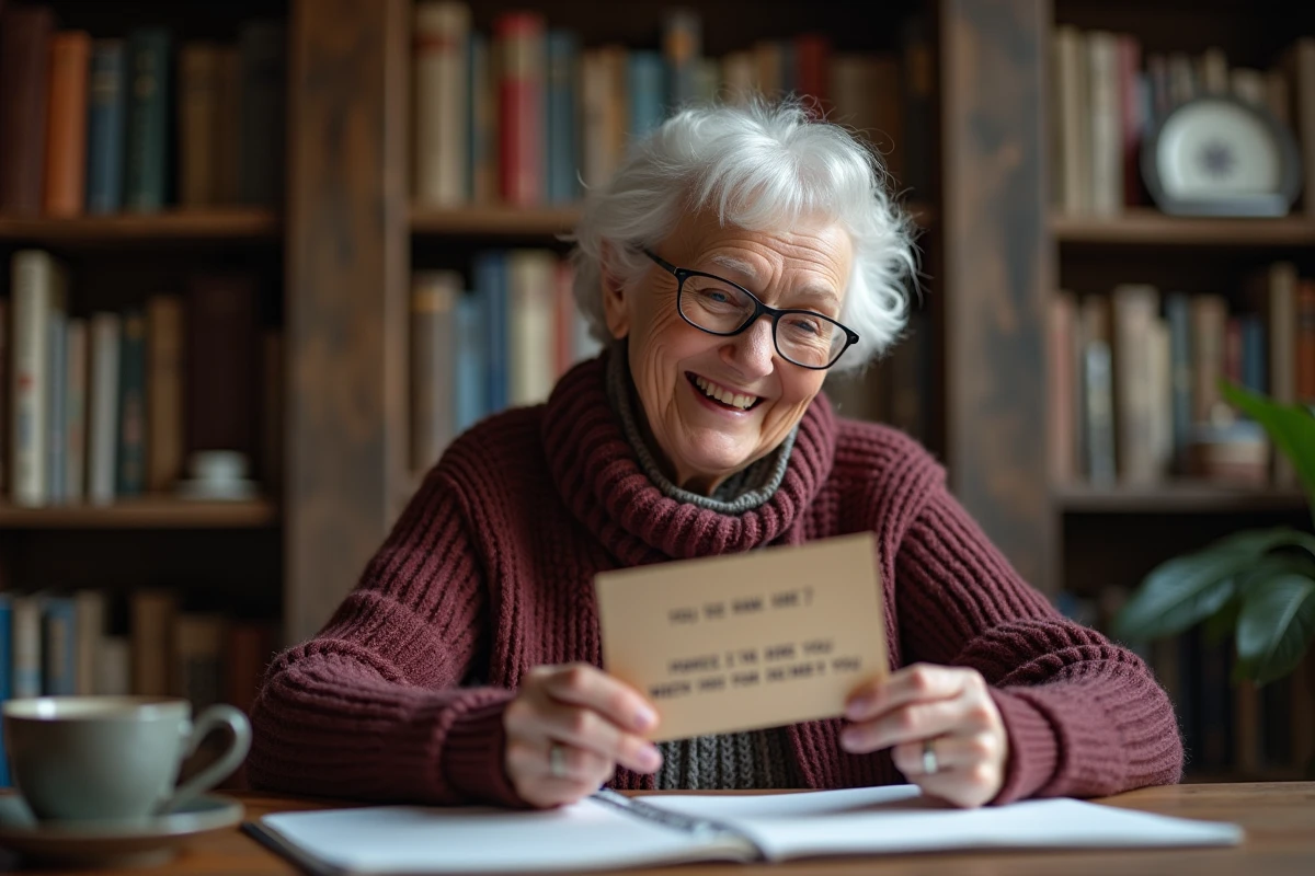 Femme senior souriante lisant un texte humoristique pour invitation anniversaire de mariage à son bureau