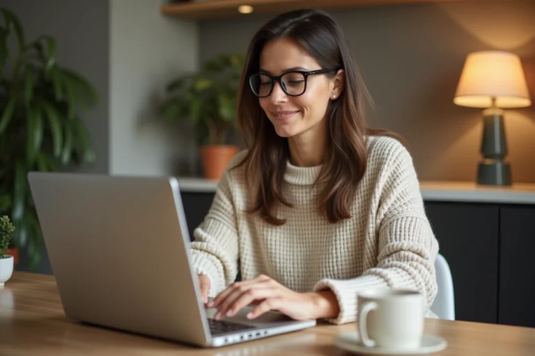 Femme souriante faisant du shopping en ligne sur un ordinateur portable dans un bureau à domicile moderne et cosy